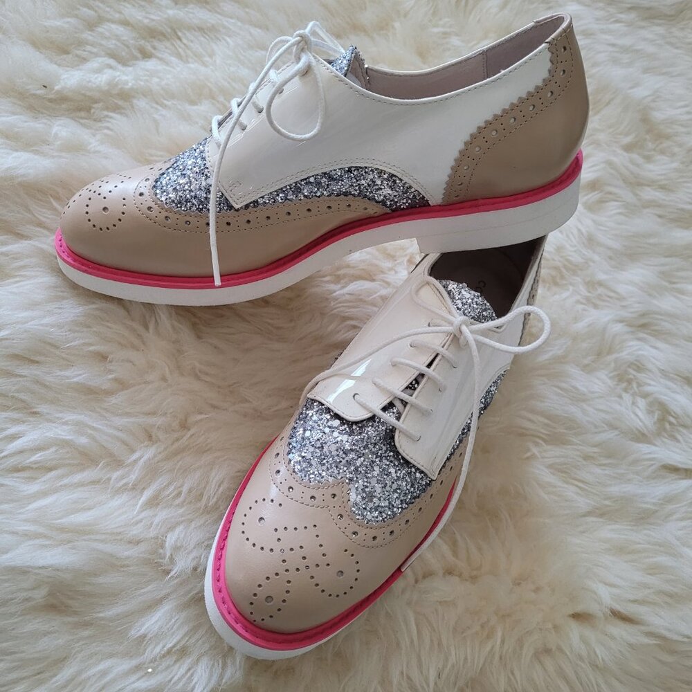 COSMOPARIS Leather Platform Oxford Loafers Tan Silver Glitter  SZ 6.5